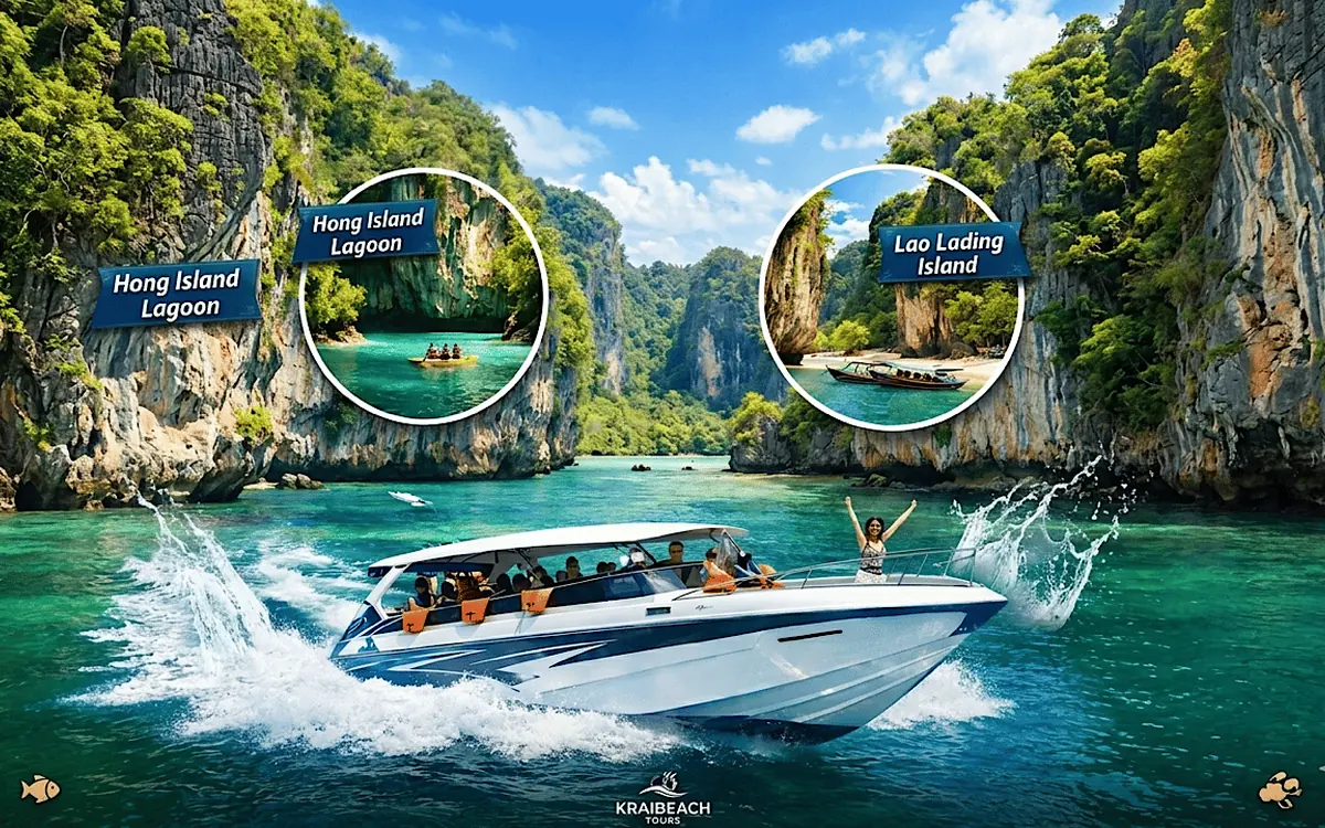 The enclosed green lagoon of Hong Island ringed by limestone cliffs